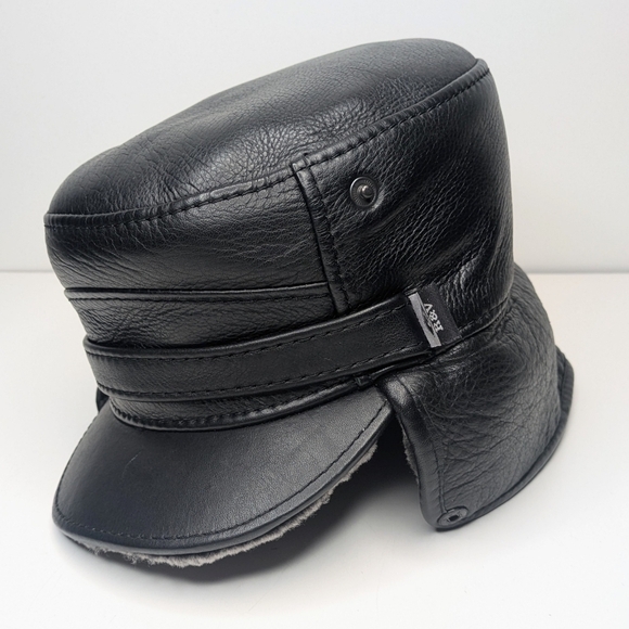 R&V black leather trapper hat faux fur lined fold down men's size XXL - Picture 5 of 9